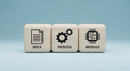 Three blocks with icons representing documents process and module