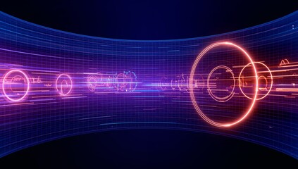 Highlighting largest glowing orange ring sliding along neon grid corridor, with floating holograms