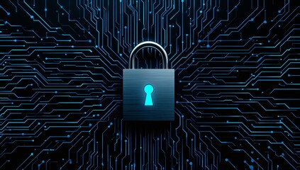 Radiating central padlock icon shining turquoise keyhole at dark cyber grid, with circuit traces