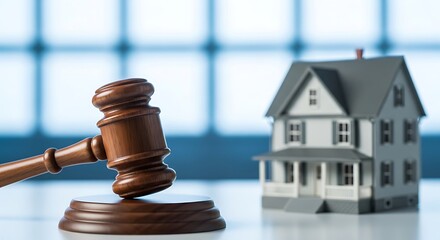 Gavel and miniature house symbolizing real estate law and property auctions