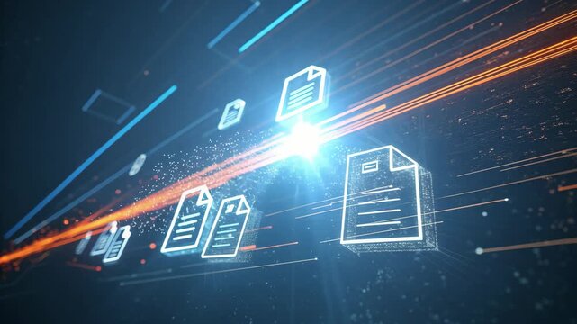 Dynamic digital document flow with glowing file icons and abstract light trails for tech visuals