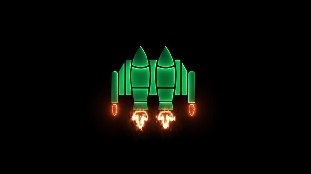 Green neon jetpack with fiery exhaust on black background rocket propulsion