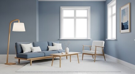 living room interior in mid century modern style with dusty blue and white color palette