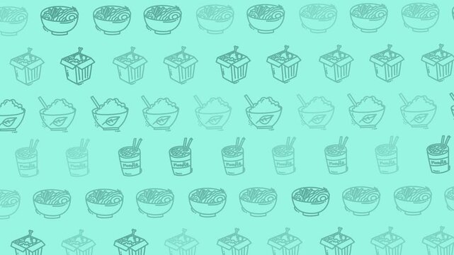 Seamless Asian Food Pattern with Noodle and Rice Bowl Illustrations on Mint Background