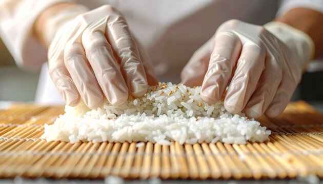 Close Up of Sushi Chef Arranging Rice on Bamboo Mat