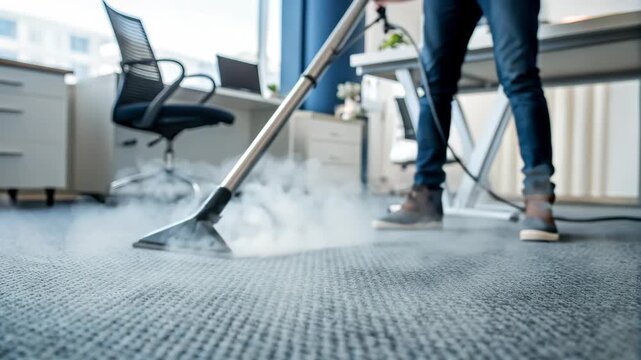 Professional carpet cleaning with steam in a modern office space for a fresh and tidy environment