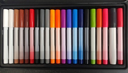 A set of colorful markers arranged neatly within a black rectangular case