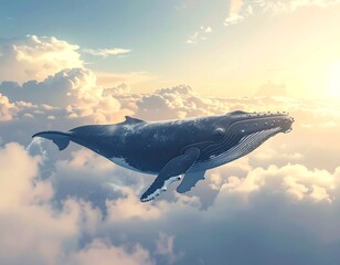 A humpback whale soars majestically through fluffy clouds bathed in sunlight, creating a surreal, dreamlike scene