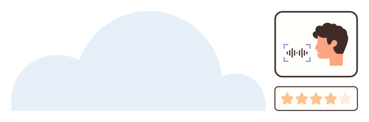 Cloud connected to a user face with voice waves, accompanied by five-star rating. Ideal for voice assistant, technology feedback, AI integration, cloud use, user interaction, innovation, simple flat