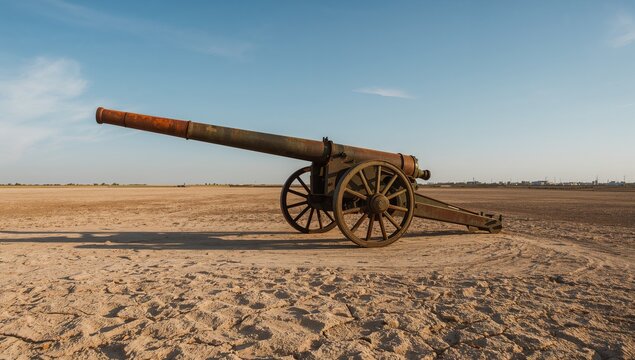 Resting antique field cannon with rusted metal barrel on cracked plain, with wooden spoked wheels - Powered by Adobe