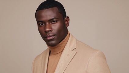 Posing adult male model in photography studio, wearing camel turtleneck and beige blazer