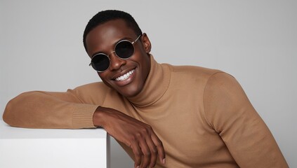 Leaning man wearing camel sweater with round dark sunglasses on white pedestal in studio