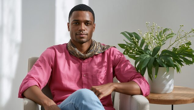 Sitting man in shirt and scarf relaxing at home in armchair, with table holding ceramic planter
