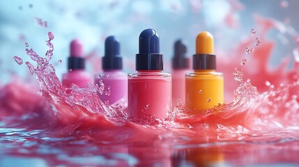 Assorted bottles with droppers in a splash of liquid on light backdrop