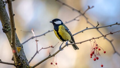 A small bird with black head, yellow body, and white cheeks perched on a bare branch with some red berries