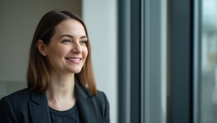 Gazing businesswoman wearing dark blazer and black top beside large window, stud earrings, copy sp