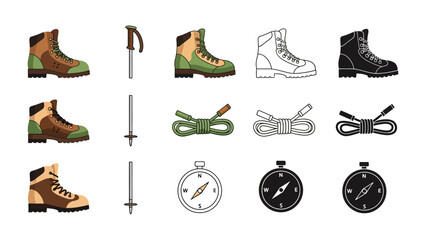 Essential Gear for Adventure: A collection of meticulously detailed hiking boots, trekking poles, ropes, and compasses, essential tools for outdoor exploration and navigating any journey.
