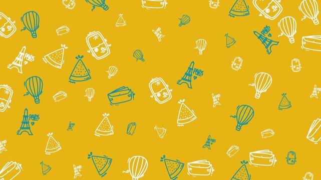 Doodle summer pattern featuring paris icons like eiffel towers and hot air balloons with overshoot animation.