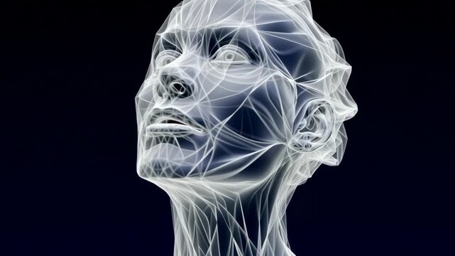 Abstract representation of a female figure with intricate linework, showcasing a gradual upward gaze, with a smooth camera tilt enhancing the ethereal quality of the scene and emphasizing the flowing