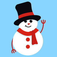 The Cute Snowman with Twig Hand Up Wearing Black Red Hat and Red Winter Scarf