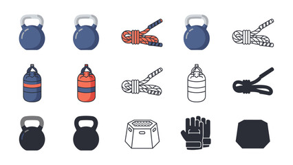 Gym Equipment Assortment: A diverse collection of fitness essentials including kettlebells, jump ropes, boxing bag and gloves, ready to enhance any workout routine. 