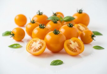 Vibrant yellow cherry tomatoes gleam with fresh basil leaves scattered artfully on a clean white surface, perfect for culinary inspiration and healthy eating content.
