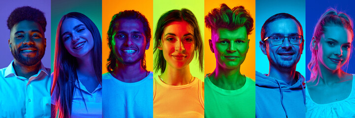 Portraits of diverse people under colorful neon lighting showing creative individuality. Concept of...