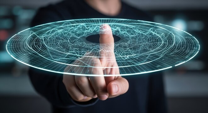 Businessman touching digital interface with futuristic technology, innovation concept