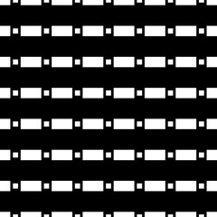 Big and small white quadrangles repetition on black background. Seamless surface pattern design with squares and rectangles ornament. Polygons wallpaper. Dashed and dotted lines motif. Digital paper.