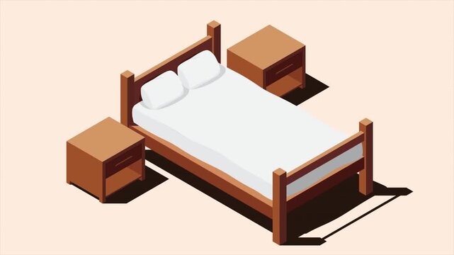 Isometric bed with bedside tables animation. Bedroom interior with bed, nightstands and night lamp. Isometric bedroom furniture. 4K video animated in isometric style