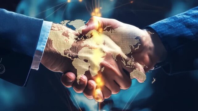 Two professionals shake hands to celebrate a successful partnership. The background features a world map, symbolizing international business collaboration and future opportunities.