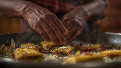Assembling senior cook making tamales inside kitchen, with masa meat filling and rising steam
