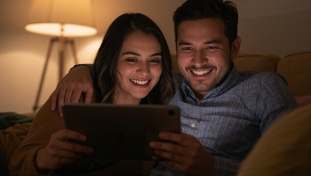 Smiling couple sitting on sofa holding tablet amid cushions in softly lit living room, tripod lamp
