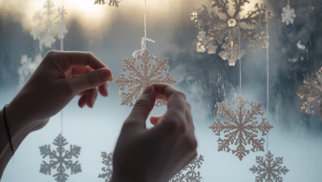 Person's hands arranging and hanging snowflake ornaments by strings on frosted window inside home