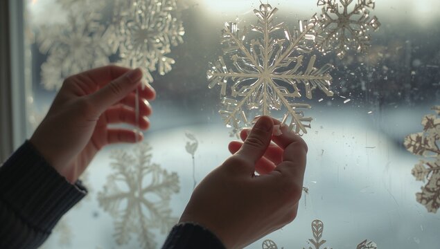 Attaching hands wearing sweater placing frosted snowflake decals on window inside room winter scene - Powered by Adobe