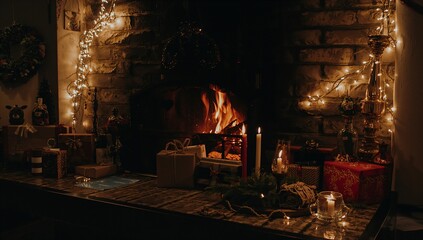 Showcasing brick fireplace roaring fire and string lights in living room, with gift boxes, candles