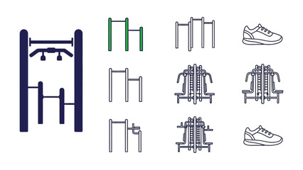 Fitness Equipment Icon Set: A comprehensive collection of fitness equipment, illustrated with minimalist lines. Capturing the essence of a healthy lifestyle