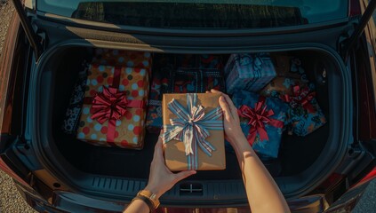 Hands wearing wristwatch and bracelets placing wrapped gift box in trunk on driveway, with ribbons