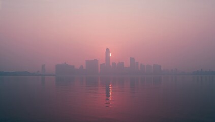 Obraz premium Reflecting skyline silhouette with skyscrapers and rising sun over calm waterfront, pastel haze