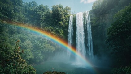 Cascading waterfall streaming over mossy cliff into misty pool in canyon, with rainbow overhead