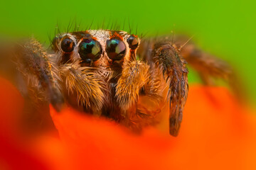 A beautiful close-up photo of a spider. Natural color background.