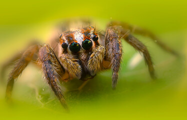 A beautiful close-up photo of a spider. Natural color background.