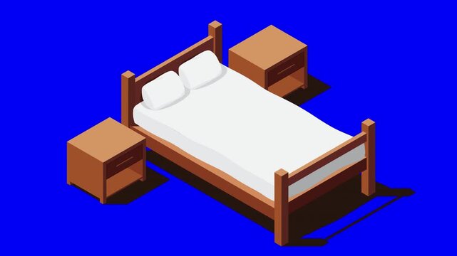 Isometric bed with bedside tables animation. Bedroom interior with bed, nightstands and night lamp. Isometric bedroom furniture. 4K video animated in isometric style