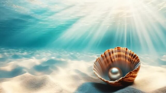 An amazing view of sunlight shining through clear water, revealing a shining pearl nestled inside a seashell on the ocean floor, creating a serene and magical atmosphere.