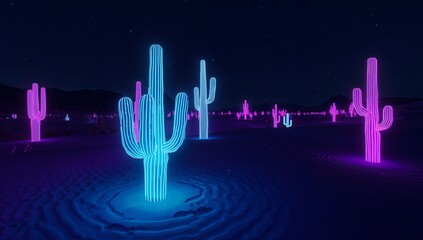 Glowing neon blue cactus sculpture lighting desert plain at night with rippled dunes and pink cacti