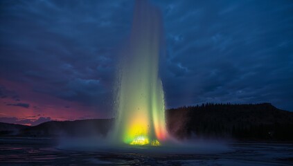 Geothermal geyser erupting at night in rocky geothermal field, with vibrant lights and water plume