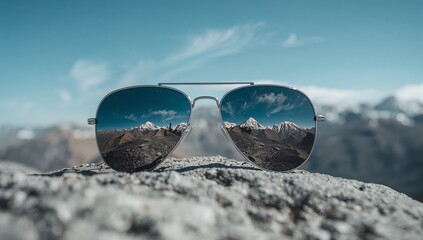 Resting silver aviator sunglasses reflecting snowcapped mountain peaks on rough rock surface, view