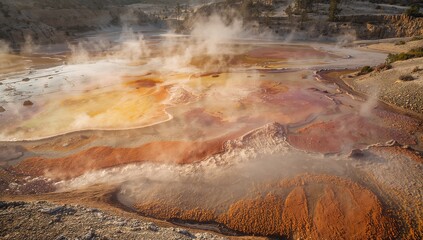 Showing colorful mineral terraces and pools steaming at protected park area, with bacterial mats