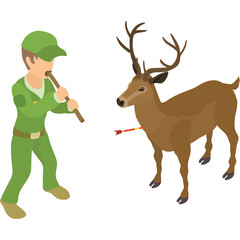 Hunter in Green Uniform Playing Flute to a Deer with Arrow in its Side Against a White Background