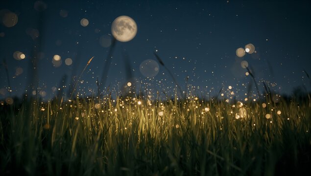 Swaying grass blades dancing in open field under moonlit night sky, with glowing orbs, full moon - Powered by Adobe